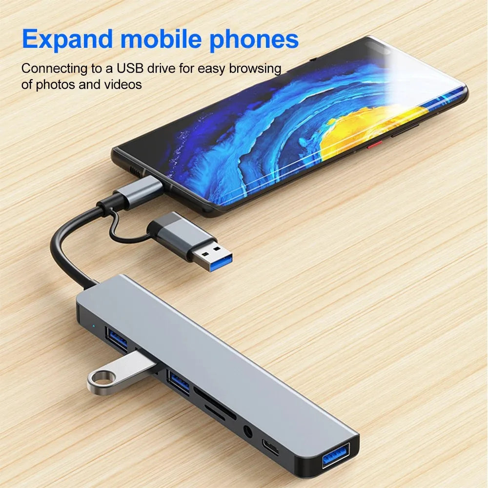 USB C Hub USB Hub 3.0, Aluminum 7 in 1 USB Extender, USB Splitter with 1 X USB 3.0, 4 X USB 2.0 and 2 X USB C Ports